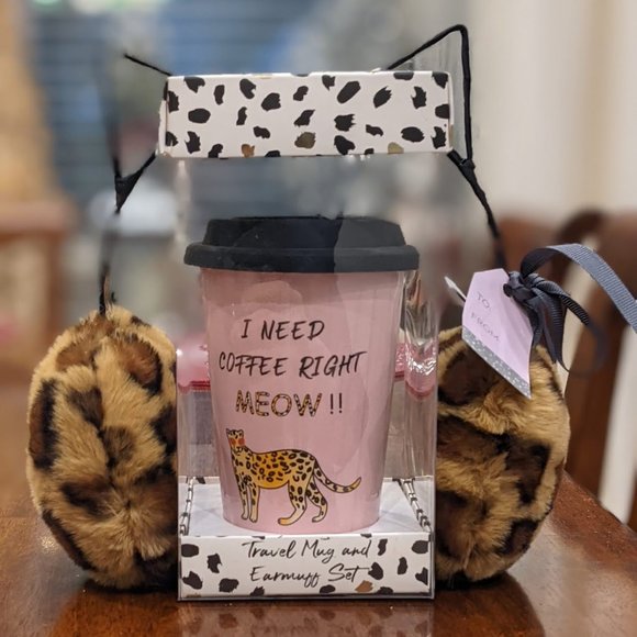 Dining Holiday Set I Need Coffee Right Meow Travel Mug Leopard